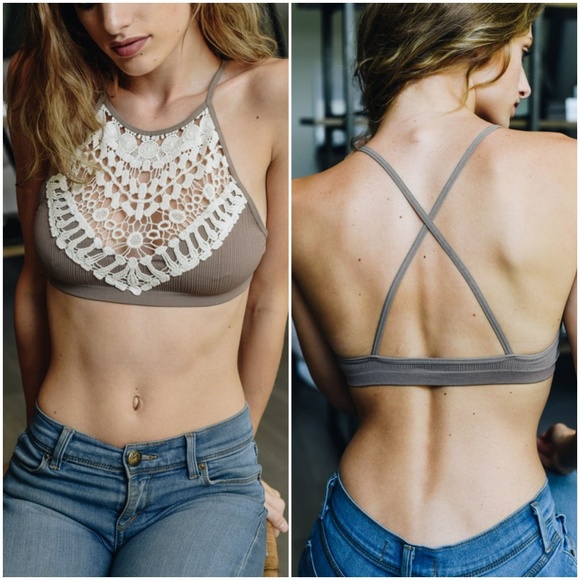 Crochet Lace High Neck Bralette - Mocha - Picture 3 of 7